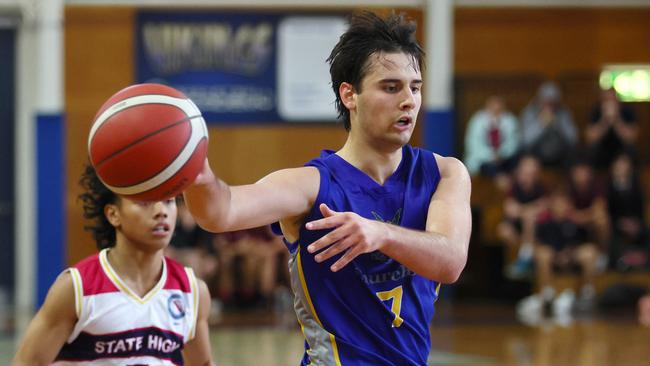 Action from the GPS basketball round 1 match between Brisbane State High and Churchie. Pictured is ChurchieÃs Oskar Olechnowicz. Picture: Tertius Pickard