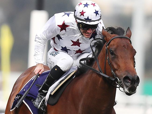 Turnbull Stakes Day at Flemington Racecourse, Melbourne. 05/10/2019. Race 6. The Gilgai Stakes over 1200 meters.  Sunlight ridden by Luke Currie runs away with race 6 up the Flemington straight  .   Picture: Michael Klein.