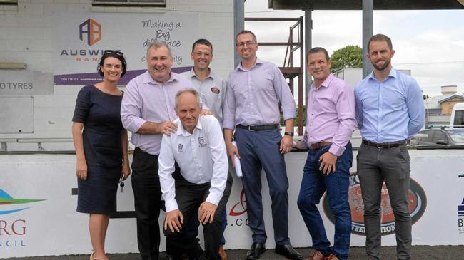 (L-R) Katherine Reid General Manager of Bundaberg Tourism, Mayor of Bundaberg Jack Dempsey, Russell Hinwood Cycling QLD President (front), Jason Templemsn Executive Director of Auswide Bank Cycle Fest International, Sean Muir Cycling QLD CEO, Member for Bundaberg David Batt and Lachlan Rogers Event Specialist for Tourism and Events QLD. Picture: Geordi Offord