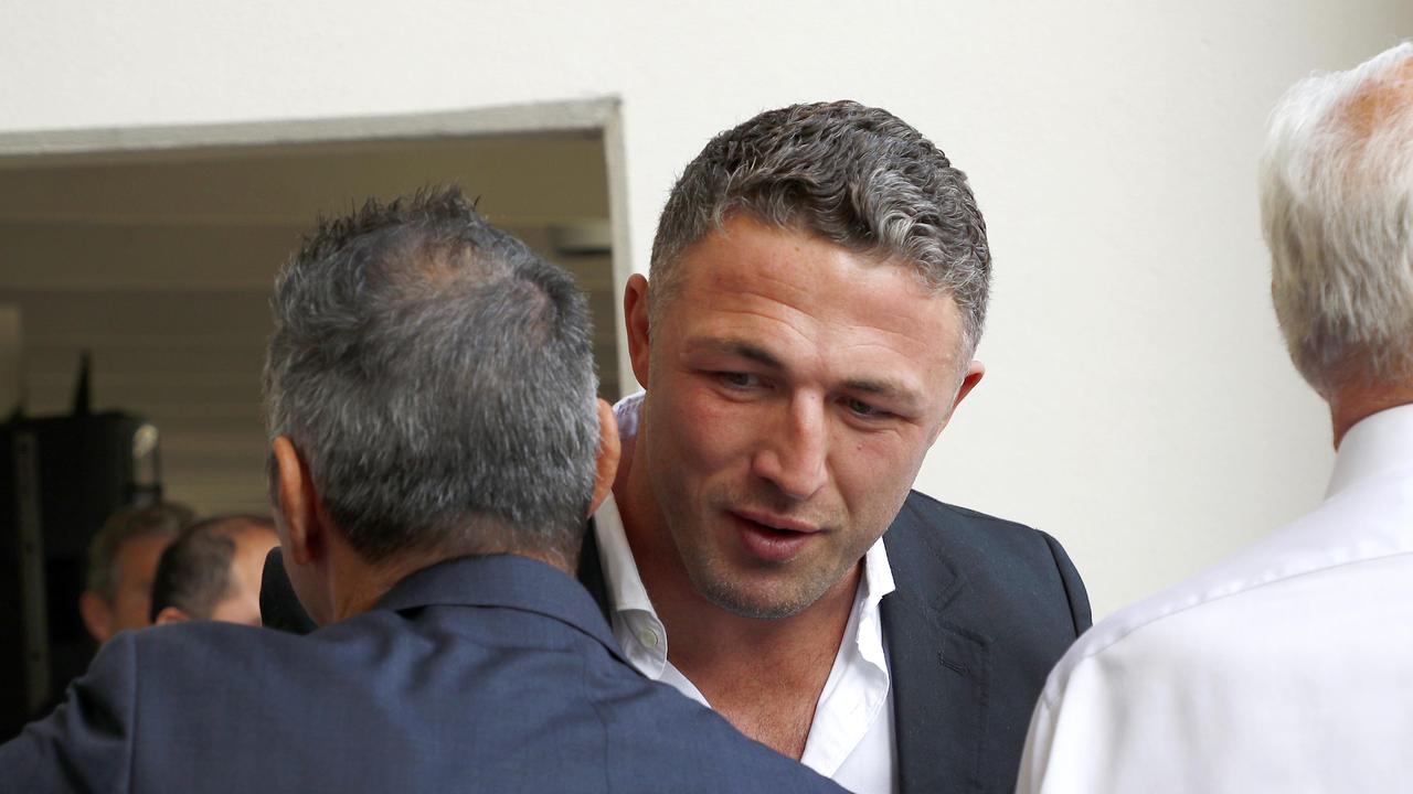 Sam Burgess during the funeral for Souths legend John Sattler on the Gold Coast. Picture: NCA NewsWire/Tertius Pickard