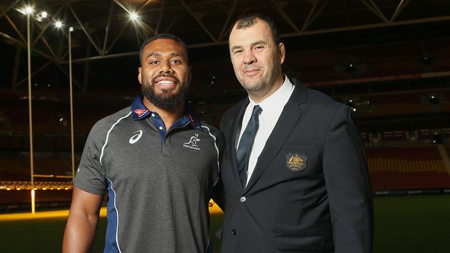 Samu Kerevi and Wallabies Coach Michael Cheika. Picture: Getty Images
