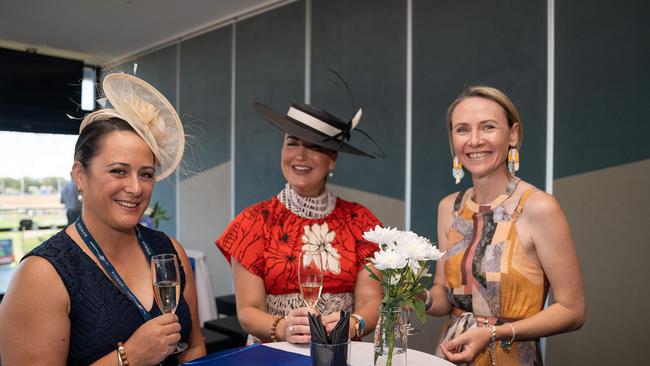 Nerissa Calkin, Stephanie Berlin and Siobhan Watts at the 2023 Darwin Cup Carnival Guineas Day. Picture: Pema Tamang Pakhrin