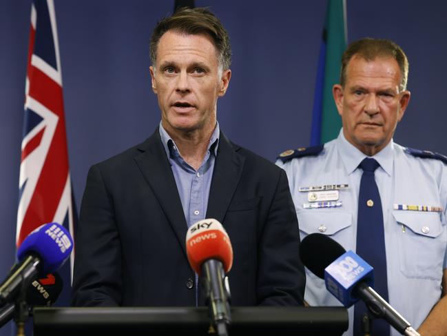 Premier Chris Minns and Deputy Police Commissioner David Hudson address the media on Wednesday afternoon. Picture: Richard Dobson