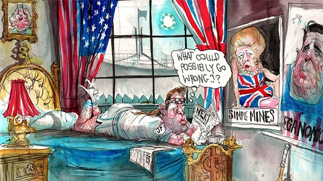 David Rowe's Frydenberg-Thatcher cartoon which appeared in the Australian Financial Review., featuring Josh Frydenberg sans Hook Nose. Picture: David Rowe