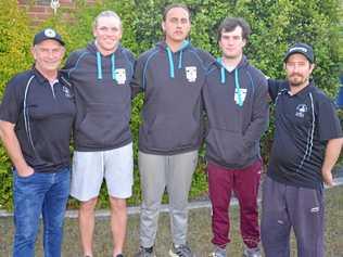 STRONG SUPPORT: Warwick Cowboys Old Boys Association members Mark Sullivan (left) and Shaun O'Leary (right) with Clydesdales U20s young guns Mitch Watson, Coen Martin-Brown and Cody Byrne . Picture: Gerard Walsh