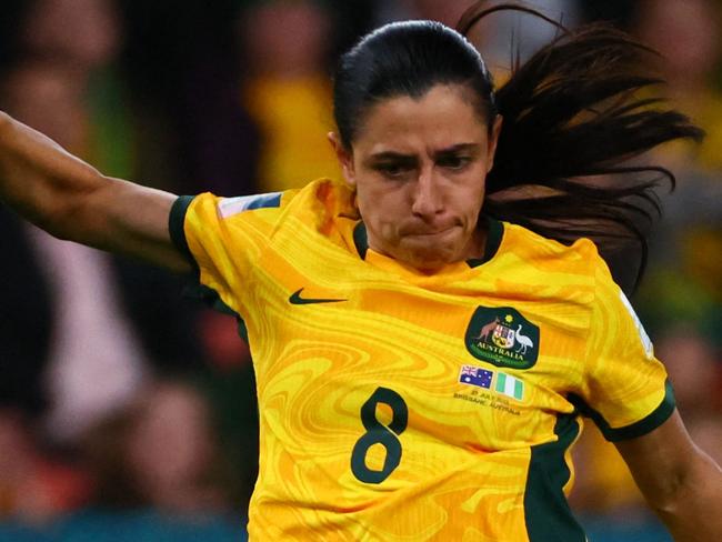 Australia's midfielder #08 Alex Chidiac shoots on goal during the Australia and New Zealand 2023 Women's World Cup Group B football match between Australia and Nigeria at Brisbane Stadium in Brisbane on July 27, 2023. (Photo by Patrick Hamilton / AFP)