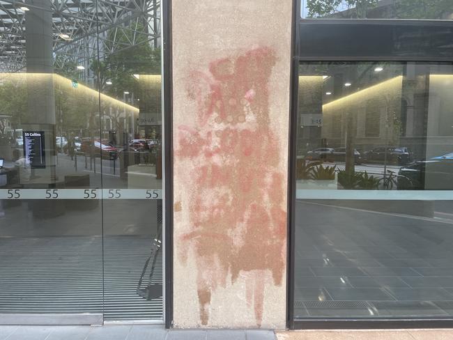 Some of the graffiti, which was later washed off at the ­Department of Foreign ­Affairs and Trade office at 55 Collins St.