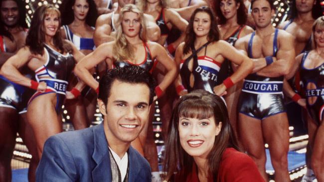 24/04/1995 PIRATE: 24/04/1995 PIRATE: Co-presenters of TV show "The Gladiators" Kimberley Joseph & Aaron Pedersen (front) with gladiator competitors behind, 04/95. N3547015 N3547015