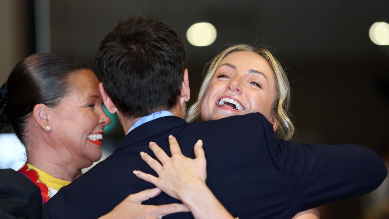 Daniel’s daughter Paris Lightfoot embraces a friend at her father’s funeral on Thursday. Picture: NCA NewsWire/Tertius Pickard