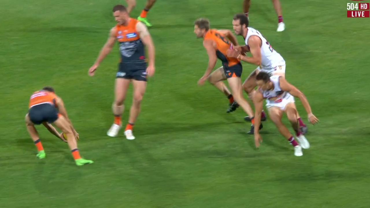 Hugh McCluggage got dragged off the starting line by Callan Ward. Photo: Fox Footy.