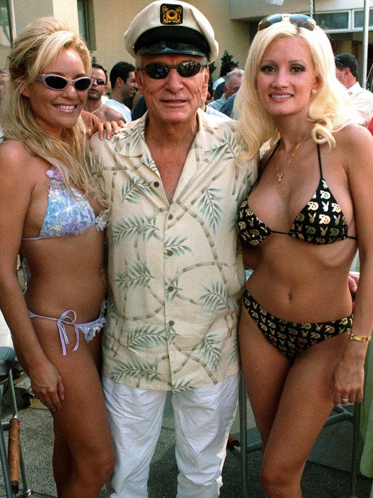 <p>Playboy publisher Hugh Hefner (c) celebrating Playboy’s 50th anniversary at Palms hotel in Las Vegas 20 Sep 2003.</p>