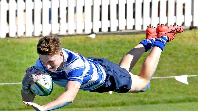 Nudgee College player Tory Bath gets a try Nudgee College v BSHS in the GPS First XV rugby. Saturday August 20, 2022. Picture, John Gass