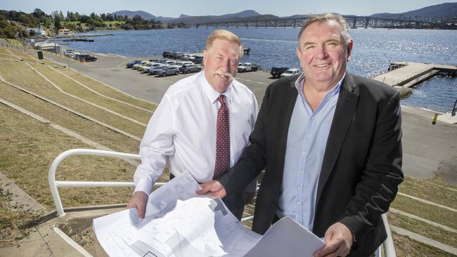 $2.3 billion precinct-scale urban renewal project, including roofed AFL stadium, for Hobart. Stakeholder relations Paul Lennon and Managing Director of Stadia Precinct Consortia Dean Coleman at Macquarie Point. Picture: Chris Kidd