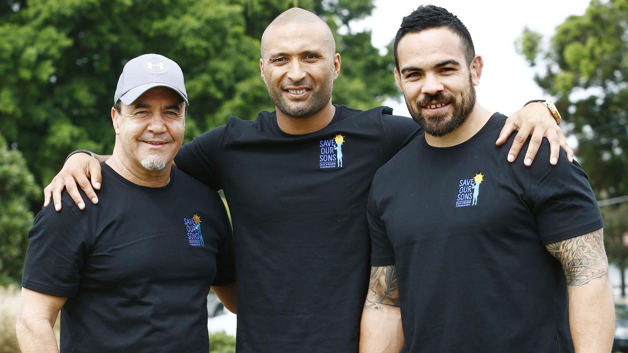 Jeff Fenech, Paul Whatuira and Dean Halatau before a charity walk. Picture: John Appleyard