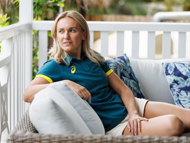 EMBARGO, FOR OLYMPIC LIFTOUT USE ONLY.  Olympic swim champion Ariarne Titmus at home in Brisbane before the upcoming Paris Olympics. Picture Lachie Millard