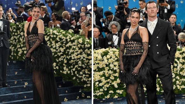 Dua Lipa appeared for the first time with fiance Callum Turner wearing a Chanel dress that took 2,000 hours to create. Picture: Getty