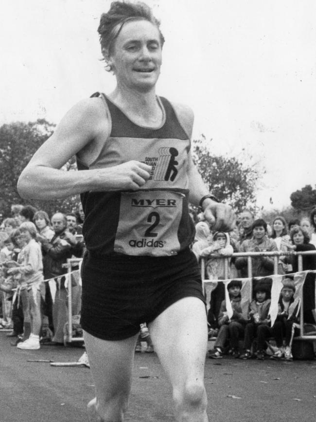 John Bannon finishes the Myer-Adidas fun run in Adelaide, 1983.