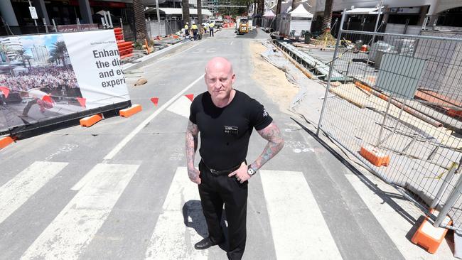 Coffee Club and 123 owner David Bennedick in the midst of construction of the Surf Pde upgrades. Picture: Richard Gosling