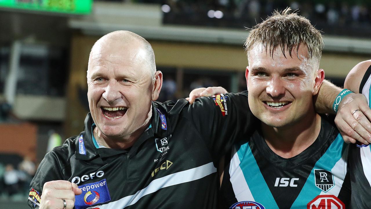 Port Adelaide coach Ken Hinkley with Ollie Wines. Picture: Sarah Reed