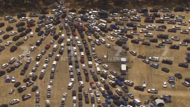 Festival- goers stuck in gridlock attempting to exit popular festival Beyond the Valley. Picture: Channel 7.