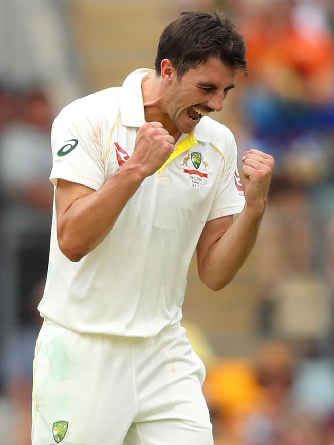 Pat Cummins celebrates the wicket of Johnny Bairstow.