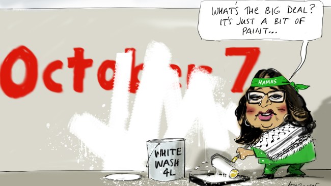 The cartoon depicted the Senator in a Hamas headband while applying "white wash" on a wall to cover the words "October 7". Picture: Johannes Leak / The Australian