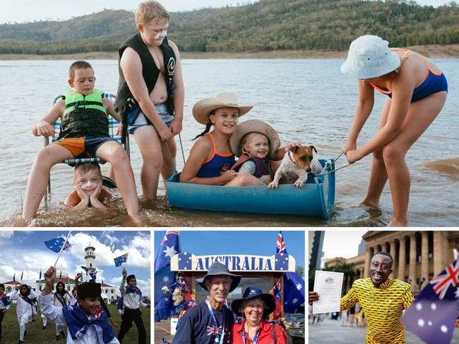 Clockwise from top; Rigby, 8, Trader, 9, Tucker, 10, Dolly, 12, Dottie, 3, and Daisy, 11, with Lil the dog, celebrate Australia Day at Burrendong Dam near Wellington in NSW; new Aussie Isaac Boakye from Brisbane; Tedd and Shirley Mumme at the Hot 100 Ute Run, Hidden Valley; Ahmadiyya Muslim Community kids celebrate in Sydney. Picture: Pema Tamang Pakhrin, Getty Images