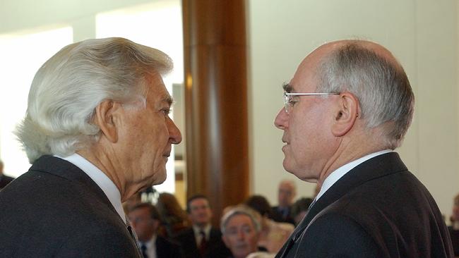 Former ALP leader Bob Hawke (left) talks to John Howard when he was still PM in 2003. Picture: Image/Alan Porritt/AAP