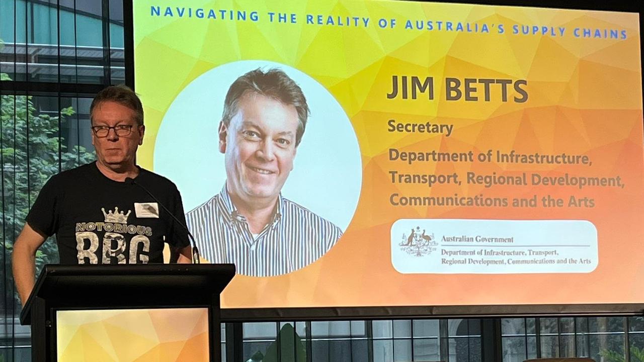 Department of Infrastructure secretary Jim Betts gives a supply chain keynote in Brisbane wearing a Notorious RBG t-shirt, a reference to former U.S Supreme Court Justice Ruth Bader Ginsburg. Picture: Supplied