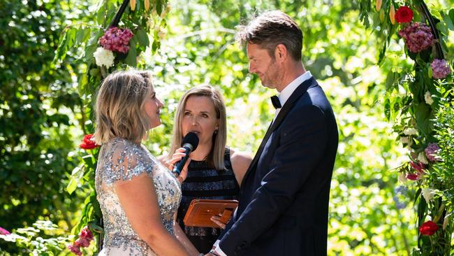 Adelaide's most popular wedding celebrant Ali Phillips, of Married by Ali, presiding over the marriage of Kimberley and Taylor Fry. Picture: Love Fool Photography