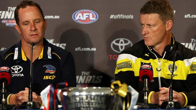Crows coach Don Pyke and Tigers coach Damien Hardwick field questions ahead of the 2017 AFL Grand Final Parade. Picture: Robert Cianflone/Getty Images