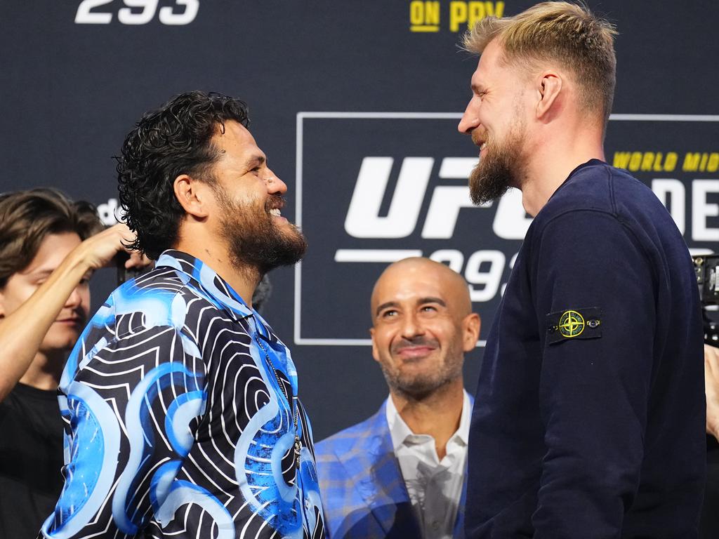 Tuivasa cracks a joke after facing off with Alexander Volkov at Thursday’s press conference. Picture: Getty Images