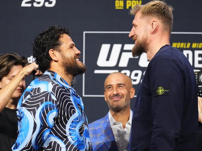 Tuivasa cracks a joke after facing off with Alexander Volkov at Thursday’s press conference. Picture: Getty Images