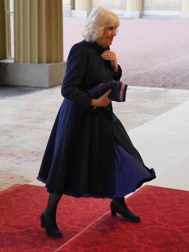 Queen Camilla arrives at Buckingham Palace by car after skipping the outdoor elements of the day. Picture: Jonathan Brady – WPA Pool/Getty Images)