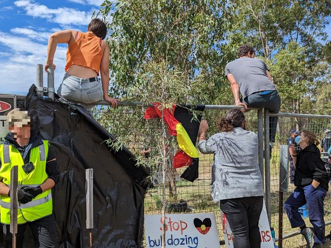 Protesters outside a Deebing Heights site after its First Nations occupants were evicted this morning, May 2. Picture: Nicola McNamara