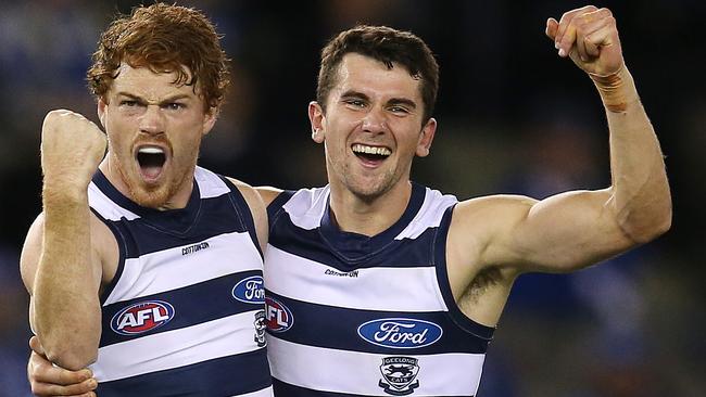 Geelong’s rising Irish star Mark O’Connor celebrates a goal with Gary Rohan. Picture: Michael Klein