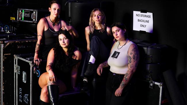 Canberra-born rock band Teen Jesus and the Jean Teasers, from left: Scarlett McKahey, Neve Van Boxsel, Jaida Stephenson and Anna Ryan, backstage at the ARIAs before a rehearsal. Picture: Jane Dempster