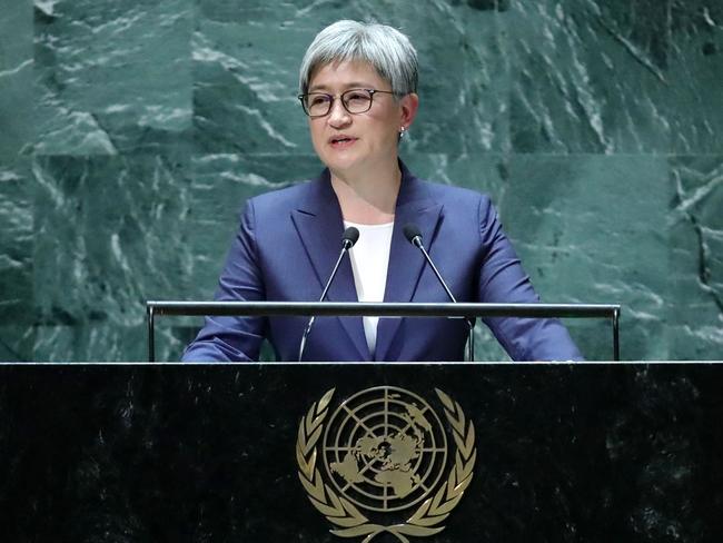 Australia's Foreign Minister Penny Wong addresses the 78th United Nations General Assembly at UN headquarters in New York City on September 22, 2023. (Photo by Leonardo Munoz / AFP)