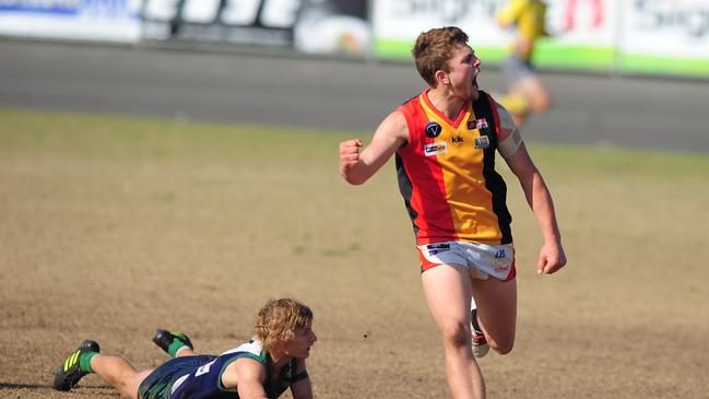 Tom Atkins kicks a goal for St Joseph's in the GFL Qualifying Final between St Mary's and St Joseph's at West Oval. Picture: Leanne Kelly