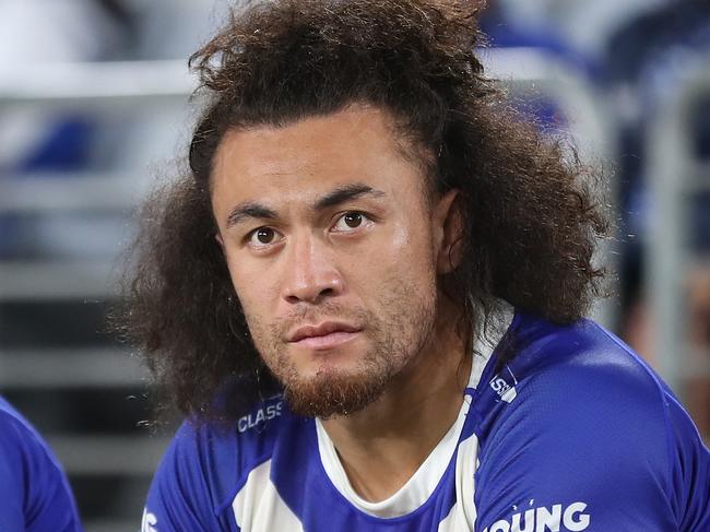 SYDNEY, AUSTRALIA - MAY 12:  Josh Reynolds and Raymond Faitala-Mariner of the Bulldogs look on from the bench during the round 11 NRL match between Canterbury Bulldogs and New Zealand Warriors at Accor Stadium on May 12, 2023 in Sydney, Australia. (Photo by Brendon Thorne/Getty Images)