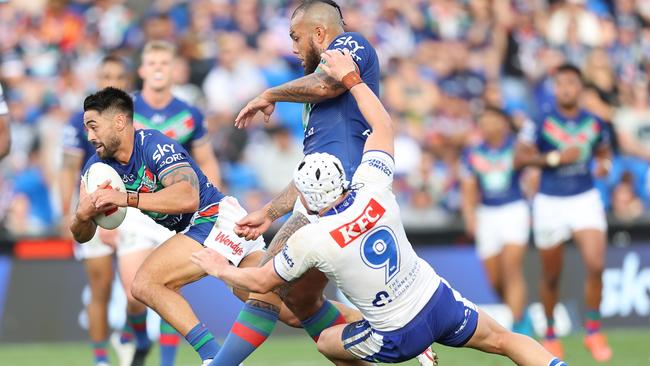 Johnson showed he was still a weapon when he ran the ball after he scored a crucial try against Canterbury. Picture: Phil Walter/Getty Images