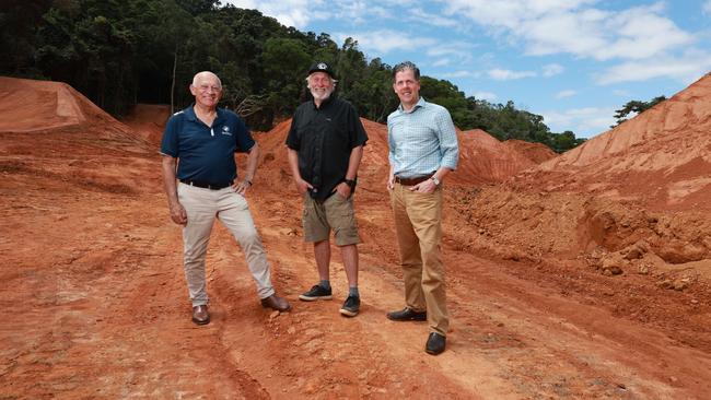 Cairns Mayor Bob Manning, World Trail director Glen Jacobs and Tourism Tropical North Queensland CEO Mark Olsen among mega jumps that the Crankworx competition will use. Picture: Brendan Radke