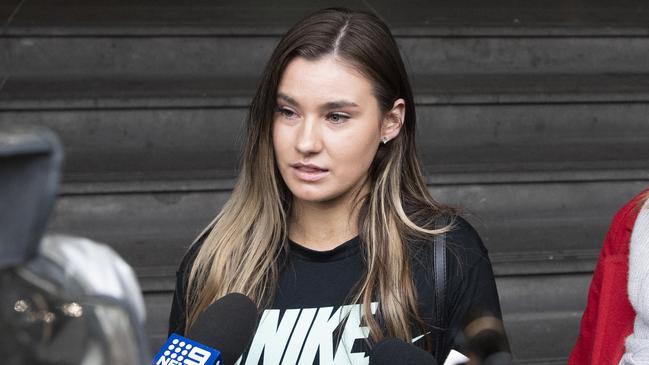 Jesmine Crossthwaite, the daughter of Emil Petrov and Cindy Crossthwaite, speaking outside court. Picture: AAP