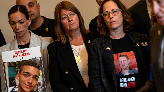 Yael Alexander, mother of hostage Edan Alexander, left, and Orna Neutra, mother of Omer Neutra, at Capitol Hill. Picture: Getty Images via AFP.