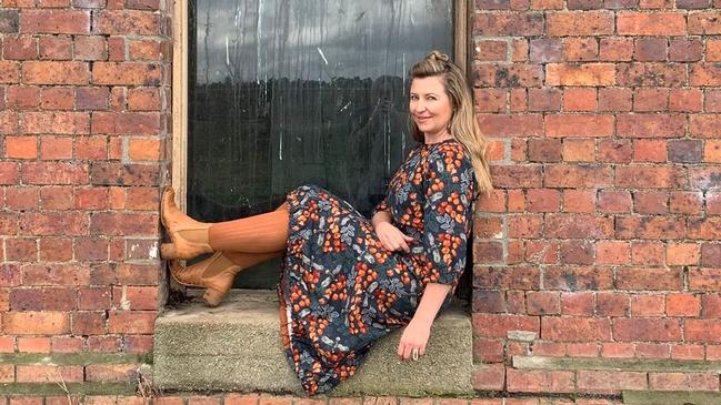 Tamika Bannister, owner of The Spotted Quoll Studio in Hobart, modelling her Turning Fagus dress in GOTS certified organic linen &amp; hemp, with fabric design by local painter Sarah Pienig Bosa Art Co . Picture: Melanie Kate Photography