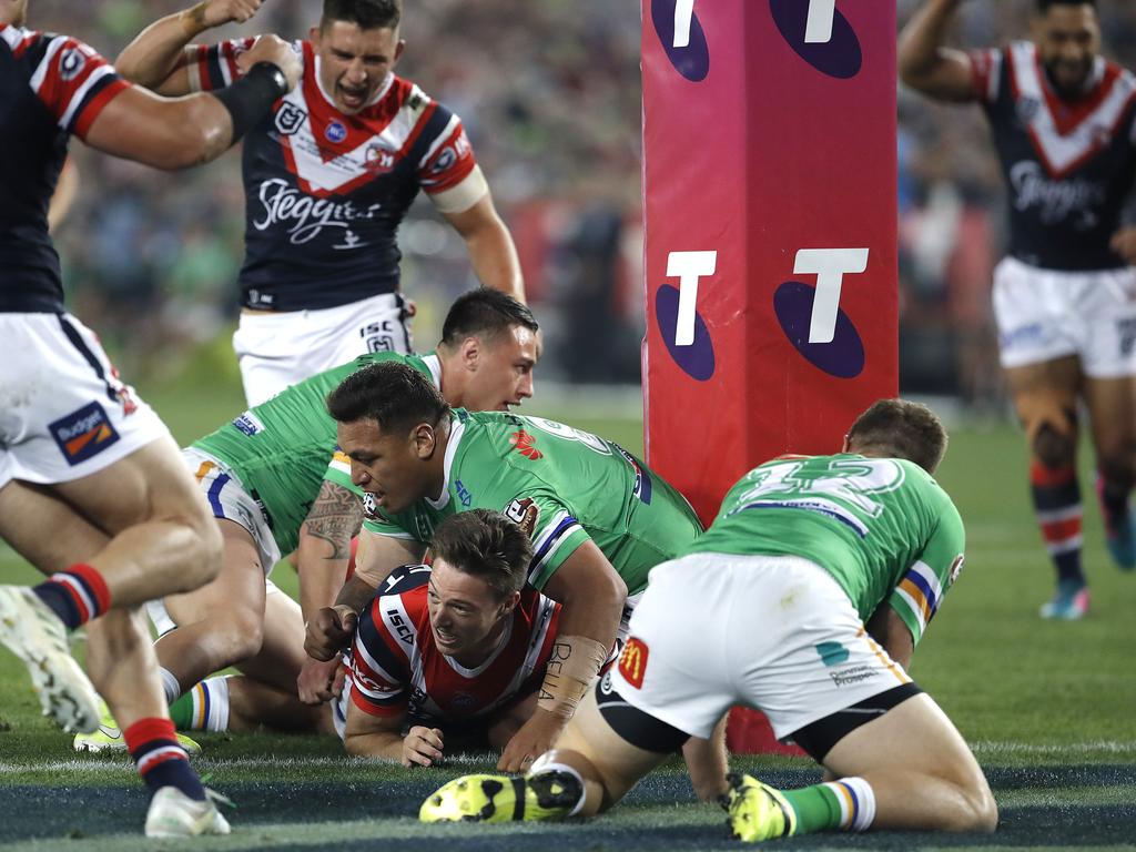 SYDNEY, AUSTRALIA - OCTOBER 06: Sam Verrills of the Roosters celebrates after scoring a try during the 2019 NRL Grand Final match between the Canberra Raiders and the Sydney Roosters at ANZ Stadium on October 06, 2019 in Sydney, Australia. (Photo by Ryan Pierse/Getty Images)