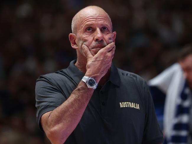 BENDIGO, AUSTRALIA - FEBRUARY 22: Australia head coach Brian Goorjian reacts during the FIBA Asia Cup 2025 Qualifying match between Australia Boomers and Korea at Red Energy Arena on February 22, 2024 in Bendigo, Australia. (Photo by Daniel Pockett/Getty Images)