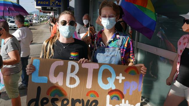 Members and allies of the LGBTIQ+ community rallied outside MP Warren Entsch's office in Cairns against the Religious Discrimination Bill.