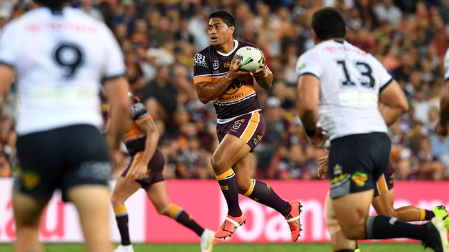 Anthony Milford in full flight against the Cowboys on Friday night. Picture: AAP Image/Dan Peled