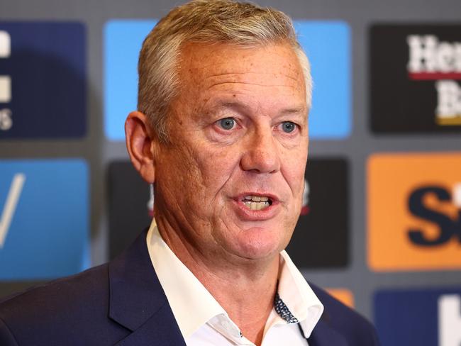 GOLD COAST, AUSTRALIA - JULY 11: GC SUNS Chief Executive Mark Evans speaks to the media during a press conference at Heritage Bank Stadium on July 11, 2023 in Gold Coast, Australia. (Photo by Chris Hyde/Getty Images)